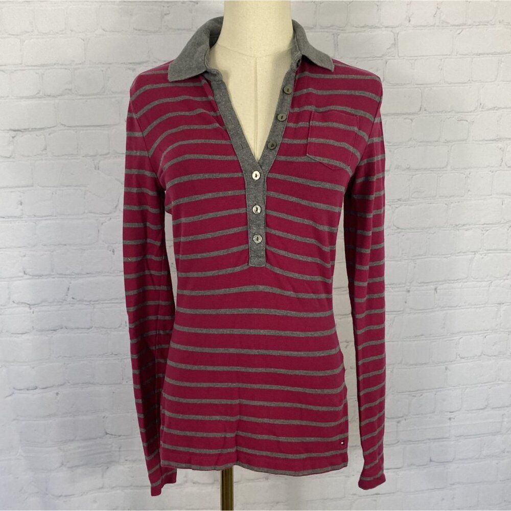 Tommy Hilfiger XS Grey & Pink Striped Long Sleeve Polo Shirt With Button Placket